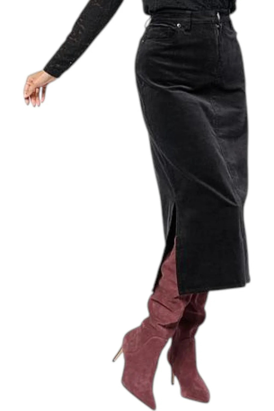 Diane Gilman Women's Stretch Velveteen Slide Slit Midi Skirt Black - Petite